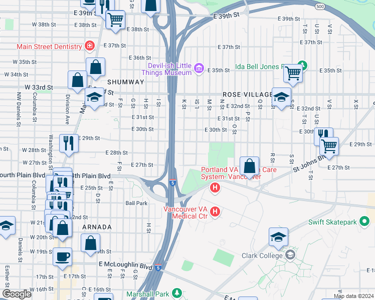 map of restaurants, bars, coffee shops, grocery stores, and more near 2816 K Street in Vancouver