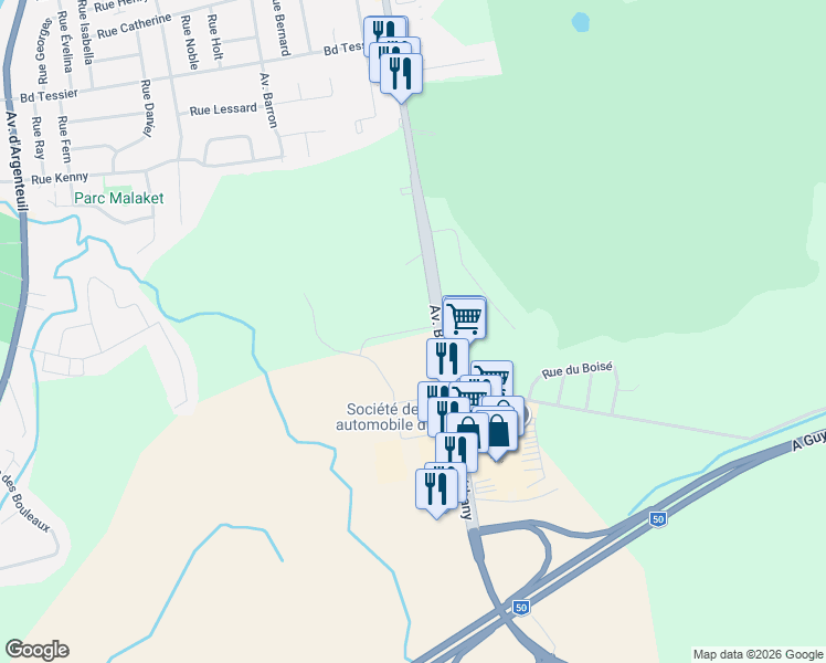 map of restaurants, bars, coffee shops, grocery stores, and more near Rue Paul in Lachute