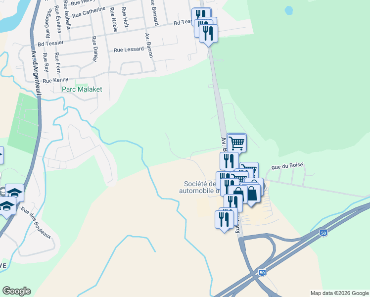 map of restaurants, bars, coffee shops, grocery stores, and more near Rue Paul in Lachute