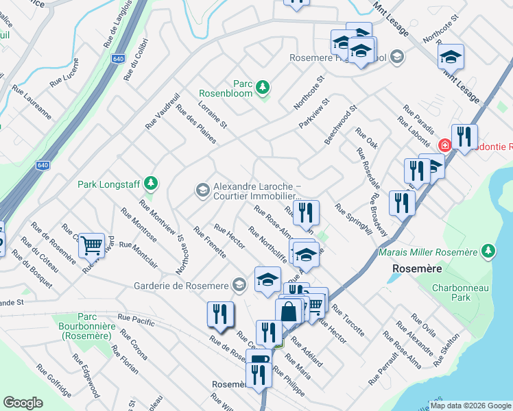 map of restaurants, bars, coffee shops, grocery stores, and more near 274 Rue Rose-Alma in Rosemère