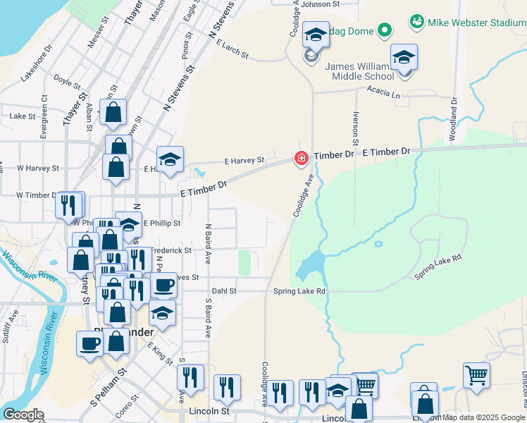 map of restaurants, bars, coffee shops, grocery stores, and more near 321 Ridgeway Drive in Rhinelander