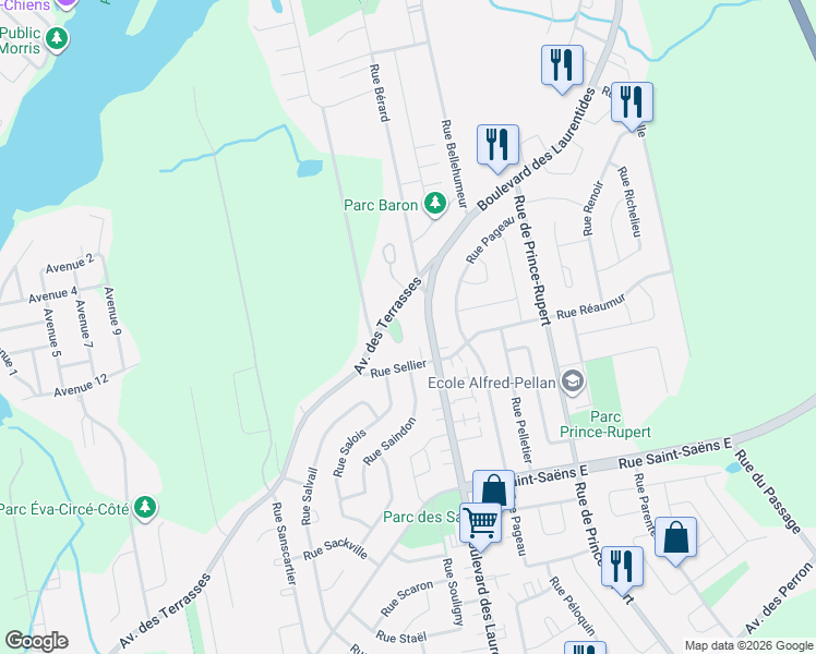 map of restaurants, bars, coffee shops, grocery stores, and more near 302 Place des Terrasses in Laval