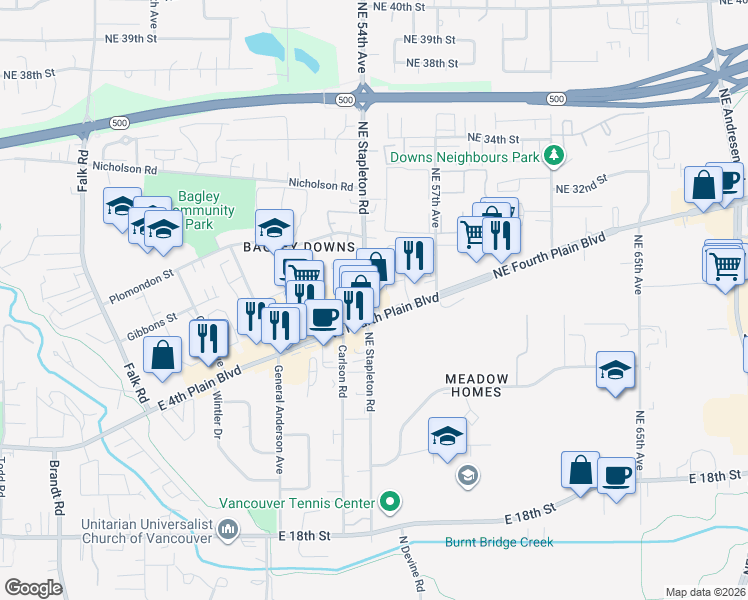 map of restaurants, bars, coffee shops, grocery stores, and more near 5400 Northeast Fourth Plain Boulevard in Vancouver