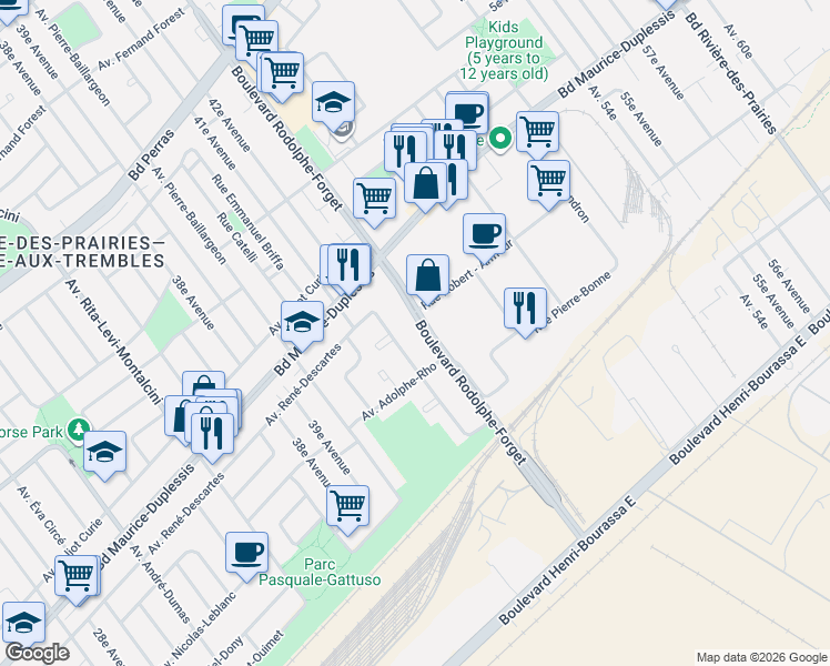 map of restaurants, bars, coffee shops, grocery stores, and more near 11860 Boulevard Rodolphe-Forget in Montreal