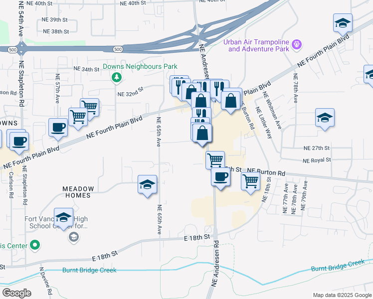 map of restaurants, bars, coffee shops, grocery stores, and more near 2650 Northeast Andresen Road in Vancouver
