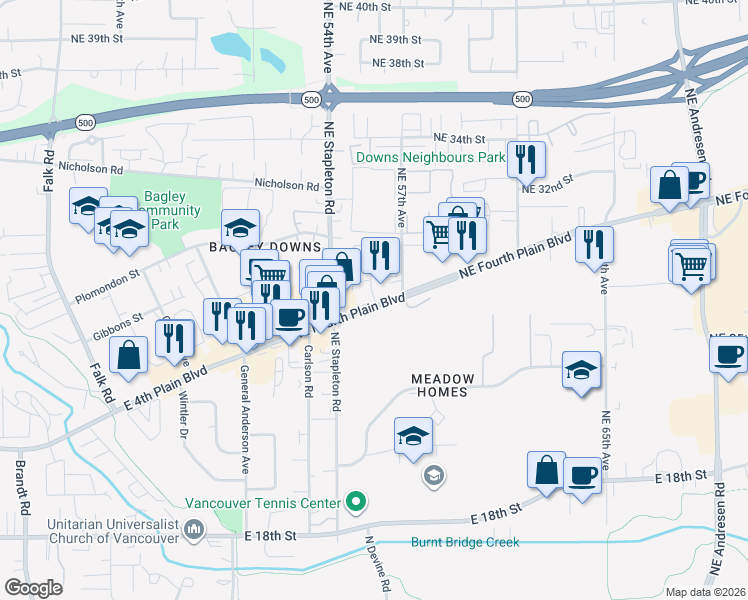 map of restaurants, bars, coffee shops, grocery stores, and more near 5500 Northeast Fourth Plain Boulevard in Vancouver