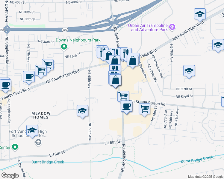 map of restaurants, bars, coffee shops, grocery stores, and more near 2650 Northeast Andresen Road in Vancouver