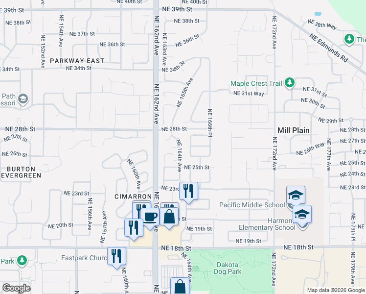 map of restaurants, bars, coffee shops, grocery stores, and more near 2611 Northeast 164th Avenue in Vancouver