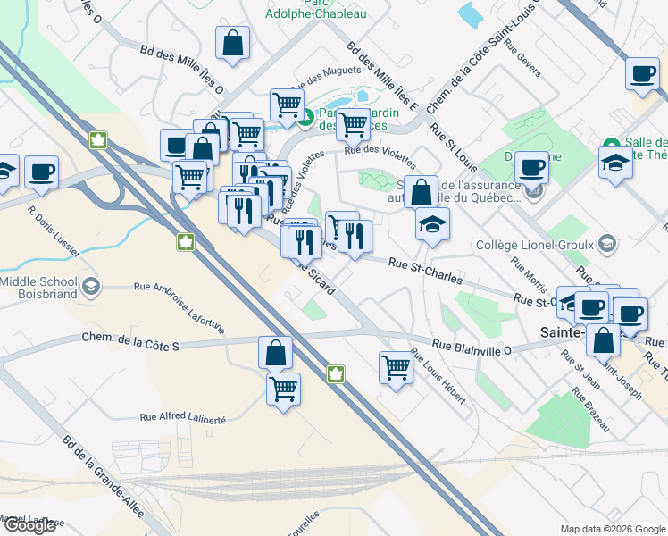 map of restaurants, bars, coffee shops, grocery stores, and more near 33 Rue Mayer in Sainte-Thérèse