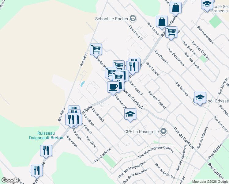 map of restaurants, bars, coffee shops, grocery stores, and more near 501 Rue Principale in Saint-Amable