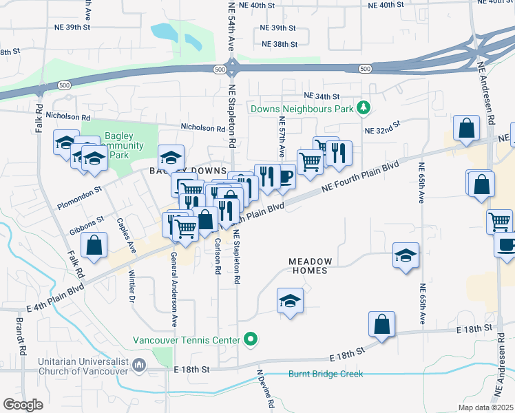 map of restaurants, bars, coffee shops, grocery stores, and more near 5508 East 4th Plain Boulevard in Vancouver