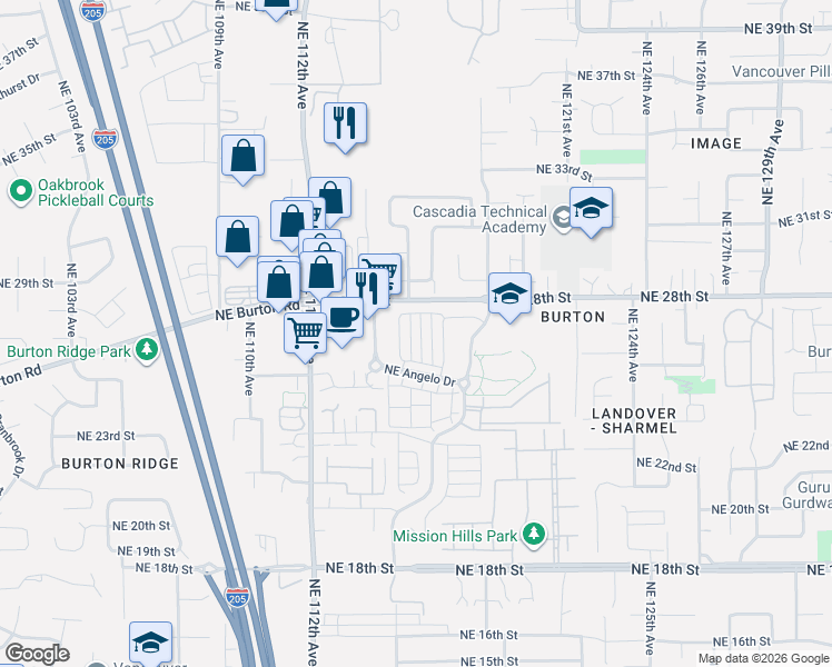 map of restaurants, bars, coffee shops, grocery stores, and more near 2645 Northeast 115th Plaza in Vancouver