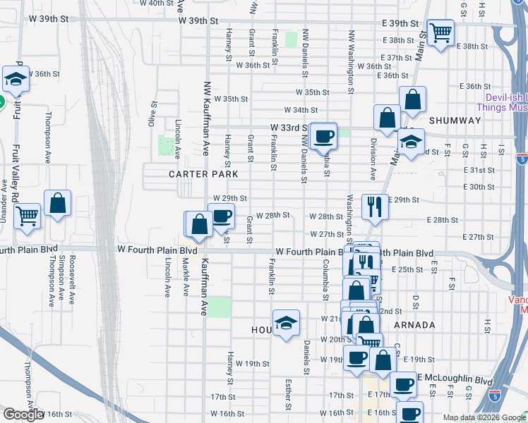 map of restaurants, bars, coffee shops, grocery stores, and more near 610 West 28th Street in Vancouver