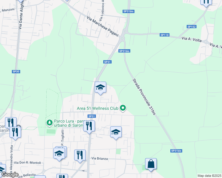 map of restaurants, bars, coffee shops, grocery stores, and more near 51 Via Larga in Saronno