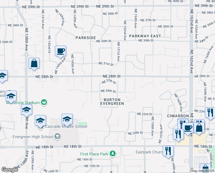 map of restaurants, bars, coffee shops, grocery stores, and more near 15000 Northeast 26th Street in Vancouver