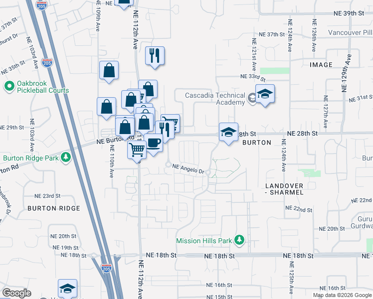 map of restaurants, bars, coffee shops, grocery stores, and more near 2645 Northeast 115th Plaza in Vancouver