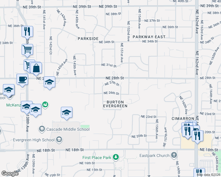 map of restaurants, bars, coffee shops, grocery stores, and more near 15000 Northeast 26th Street in Vancouver