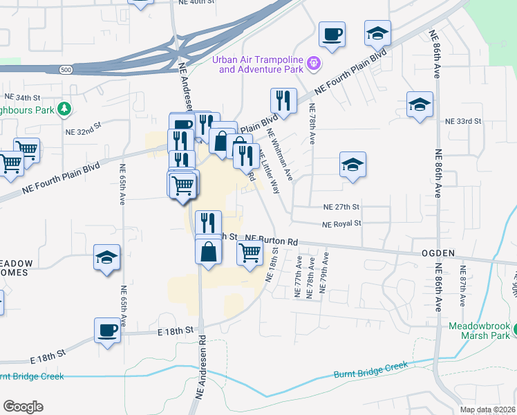 map of restaurants, bars, coffee shops, grocery stores, and more near 2712 Northeast Burton Road in Vancouver