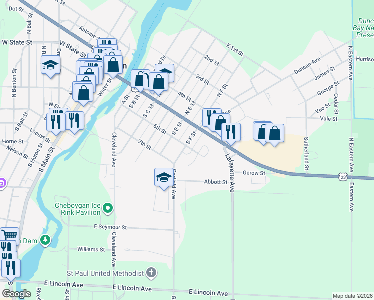 map of restaurants, bars, coffee shops, grocery stores, and more near 201 South F Street in Cheboygan