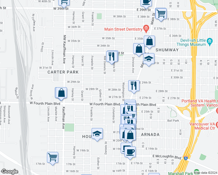 map of restaurants, bars, coffee shops, grocery stores, and more near 310 West 28th Street in Vancouver