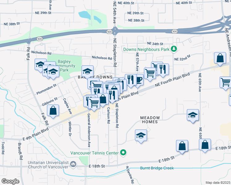 map of restaurants, bars, coffee shops, grocery stores, and more near 2800 Northeast Stapleton Road in Vancouver