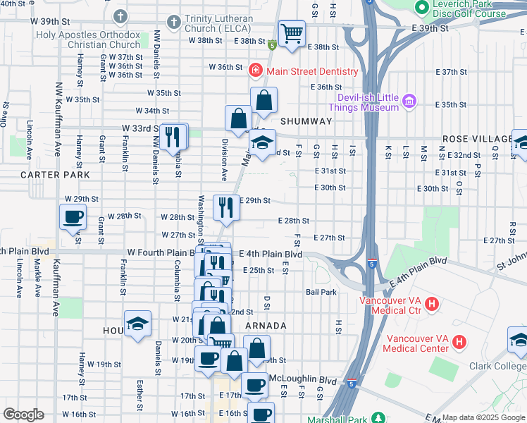 map of restaurants, bars, coffee shops, grocery stores, and more near 310 East 28th Street in Vancouver