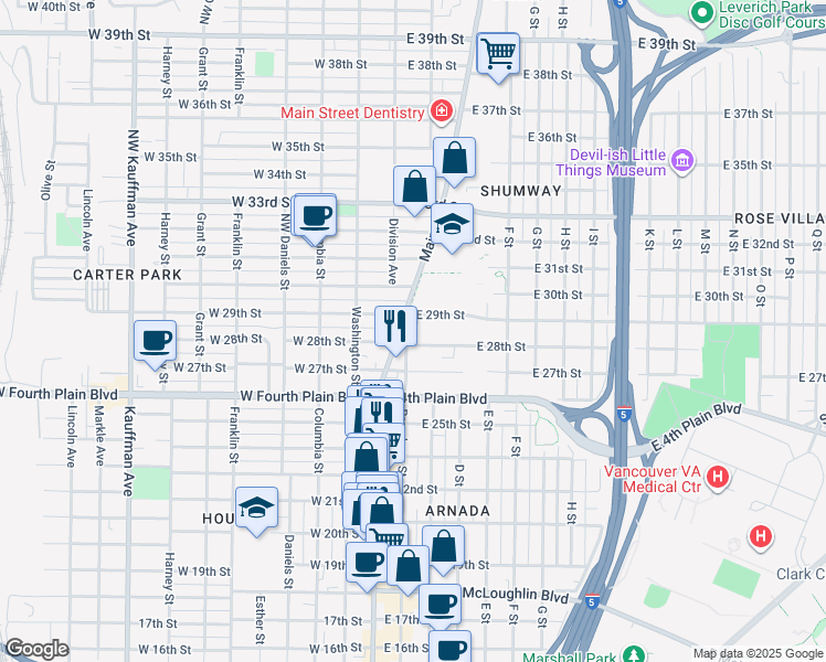 map of restaurants, bars, coffee shops, grocery stores, and more near 103 East 29th Street in Vancouver