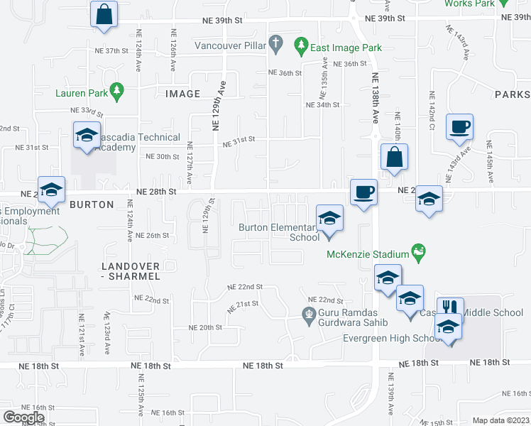 map of restaurants, bars, coffee shops, grocery stores, and more near 2641 Northeast 131st Court in Vancouver