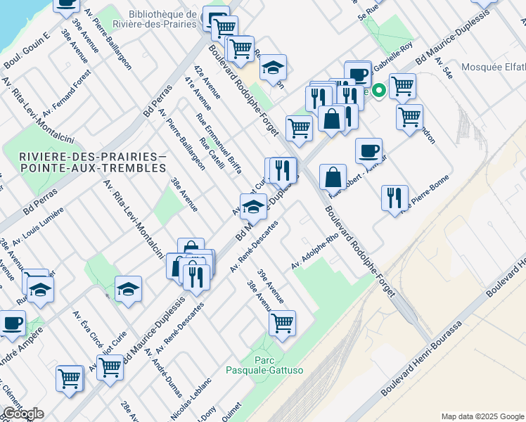 map of restaurants, bars, coffee shops, grocery stores, and more near Boulevard Maurice-Duplessis in Montréal