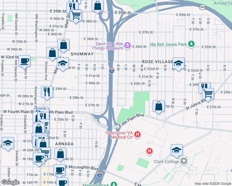 map of restaurants, bars, coffee shops, grocery stores, and more near 2816 K St in Vancouver