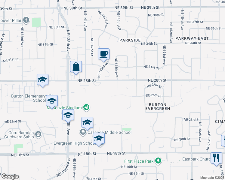 map of restaurants, bars, coffee shops, grocery stores, and more near 2617 Northeast 144th Court in Vancouver