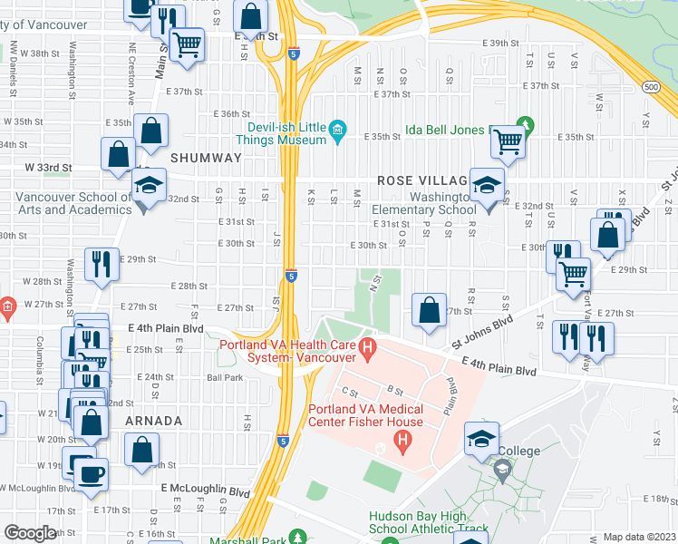 map of restaurants, bars, coffee shops, grocery stores, and more near 1201 East 29th Street in Vancouver