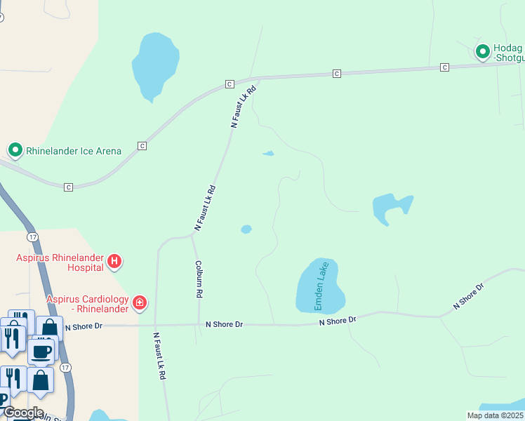 map of restaurants, bars, coffee shops, grocery stores, and more near 3647 Sweet Fern Lane in Rhinelander