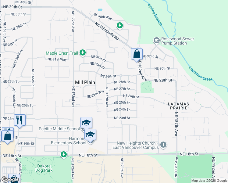 map of restaurants, bars, coffee shops, grocery stores, and more near 17801 Northeast 27th Street in Vancouver