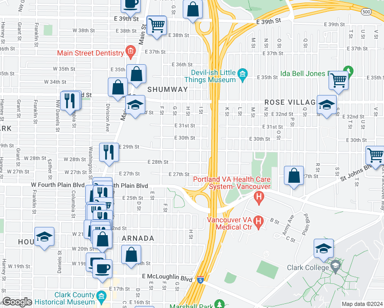 map of restaurants, bars, coffee shops, grocery stores, and more near 2815 H Street in Vancouver