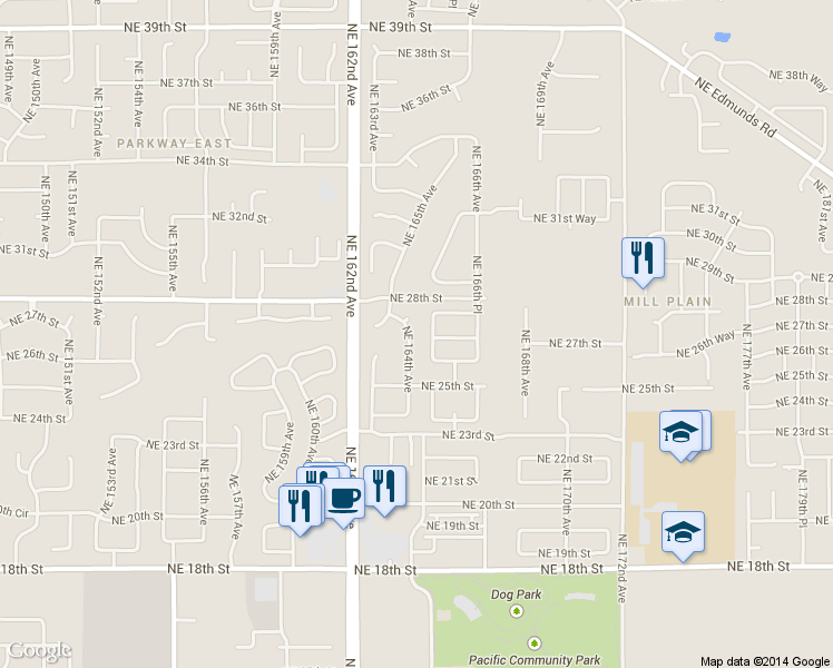 map of restaurants, bars, coffee shops, grocery stores, and more near 2615 Northeast 164th Avenue in Vancouver
