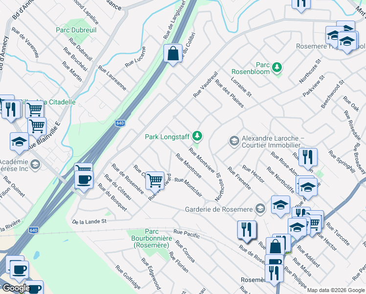 map of restaurants, bars, coffee shops, grocery stores, and more near 333 Rue Montview in Rosemère