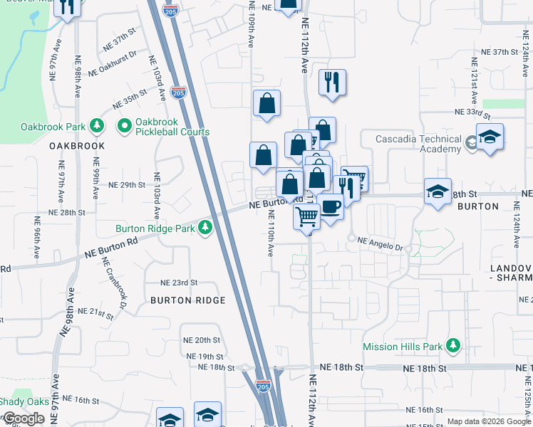 map of restaurants, bars, coffee shops, grocery stores, and more near 2706 Northeast 110th Avenue in Vancouver