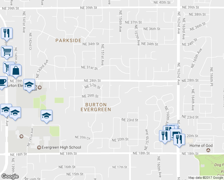 map of restaurants, bars, coffee shops, grocery stores, and more near 2705 Northeast 152nd Avenue in Vancouver