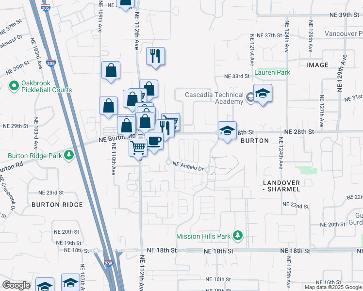 map of restaurants, bars, coffee shops, grocery stores, and more near 2645 Northeast 115th Plaza in Vancouver