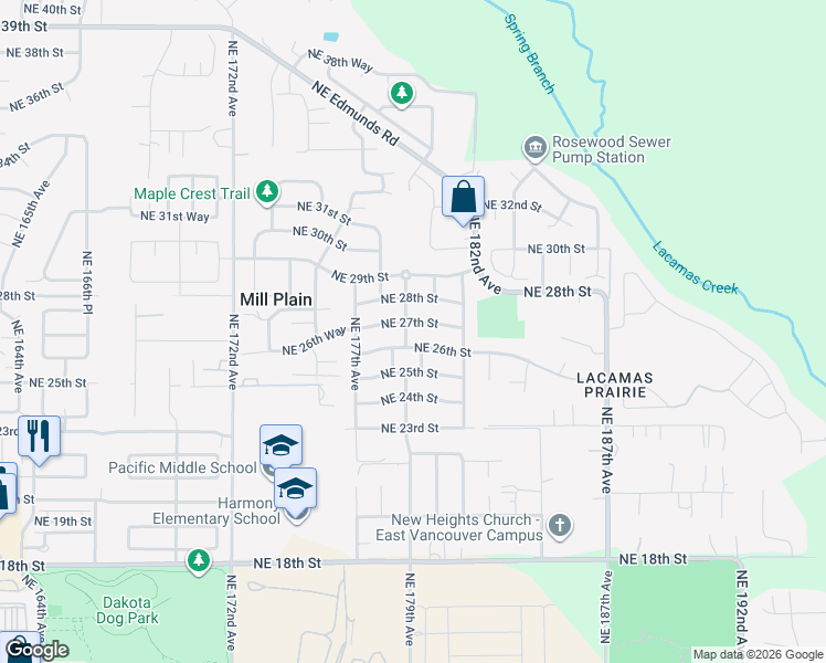 map of restaurants, bars, coffee shops, grocery stores, and more near 17901 Northeast 27th Street in Vancouver