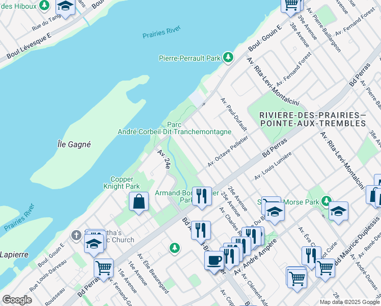 map of restaurants, bars, coffee shops, grocery stores, and more near 12670 25e Avenue in Montréal