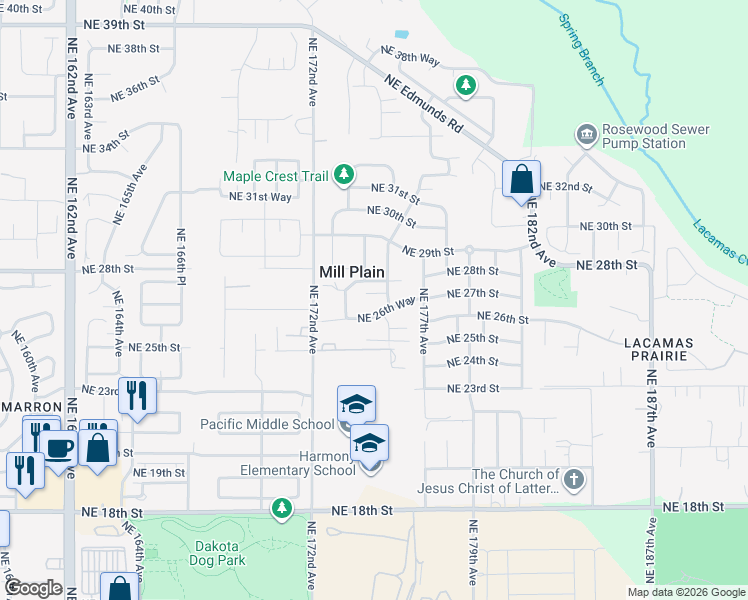 map of restaurants, bars, coffee shops, grocery stores, and more near 2612 Northeast 176th Avenue in Vancouver