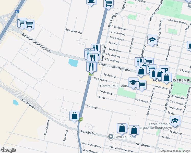 map of restaurants, bars, coffee shops, grocery stores, and more near 2025 8e Avenue in Montréal