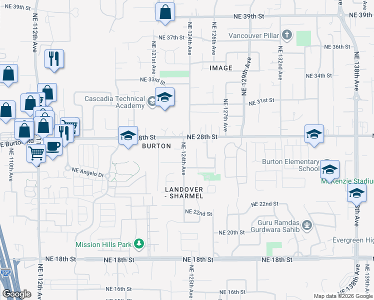 map of restaurants, bars, coffee shops, grocery stores, and more near 2707 Northeast 124th Avenue in Vancouver