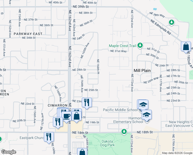 map of restaurants, bars, coffee shops, grocery stores, and more near 16600 Northeast 27th Street in Vancouver