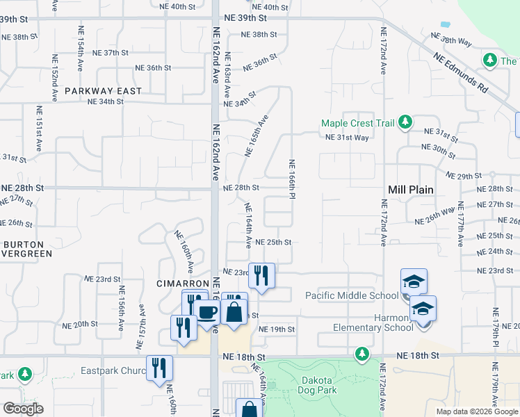 map of restaurants, bars, coffee shops, grocery stores, and more near 2615 Northeast 164th Avenue in Vancouver