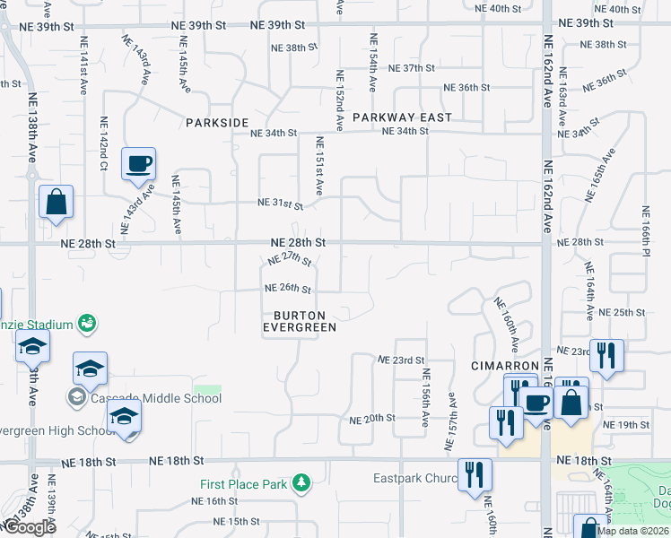 map of restaurants, bars, coffee shops, grocery stores, and more near 2705 Northeast 152nd Avenue in Vancouver