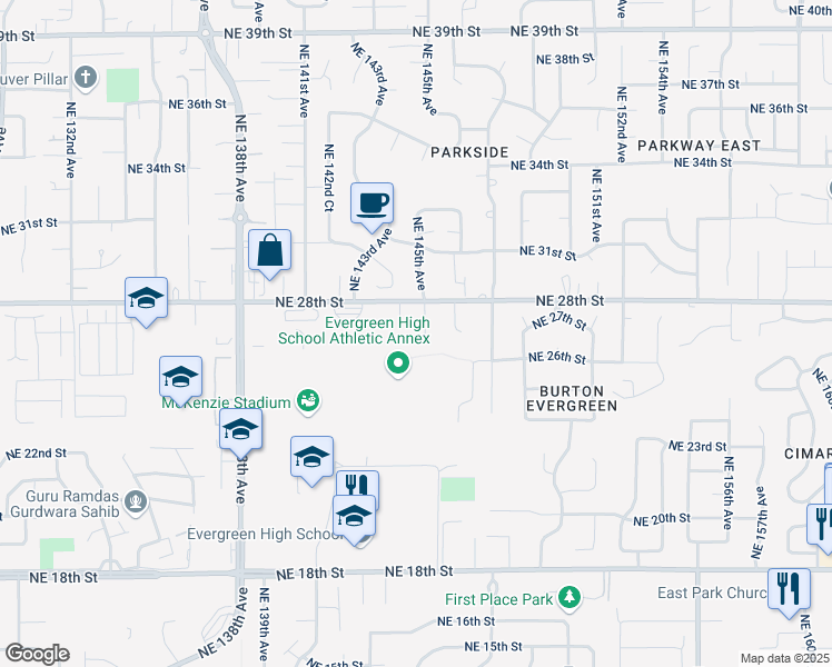 map of restaurants, bars, coffee shops, grocery stores, and more near 2617 Northeast 144th Court in Vancouver