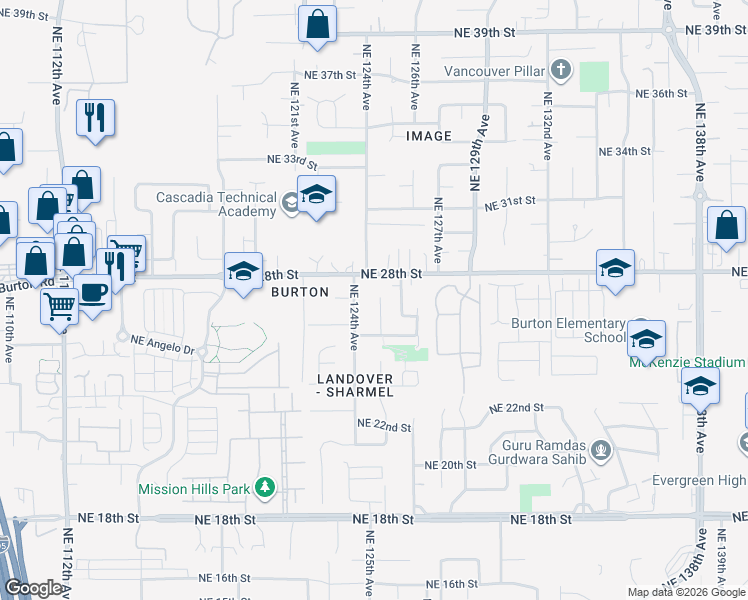 map of restaurants, bars, coffee shops, grocery stores, and more near 2709 Northeast 125th Court in Vancouver
